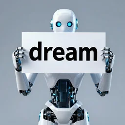 photo of artificial intelligence robot holding a sign with text that reads : dream