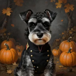 portrait of stoic looking miniature schnauzer, military uniform, black fir, white eyebrows, fantasy, intricate, elegant, highly detailed, centered, dark, smokey, charcoal painting, digital painting, artstation, concept art, smooth, sharp focus, illustration, art by artgerm and greg rutkowski and alphonse mucha autumn background, pumpkin patch, rustic, folk