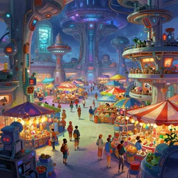 colorful marketplace in an alien spaceport, anime, a sci-fi digital painting by Greg Rutkowski and James Gurney, trending on Artstation, highly detailed