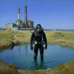 a solitary scuba divers is standing in a small wading pool. ; factory in the background. the sky is cloudless. surrealist detailed oil painting, max ernst
