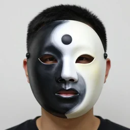 a man wear a ying and yang mask