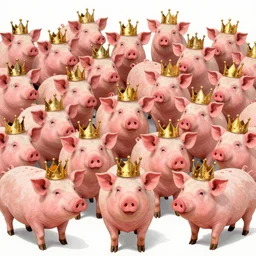 100 pigs wearing gold crown Illustrated by Shepard Fairey, H.R. Geiger, YASUHIKO Yoshikazu,  and lisa frank, ultra detailed pen sketch, hyper realistic, fine texture, shading, intricate detail, skin detail,