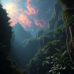 an award winning digital artwork of a lush prehistoric jungle chasm blending into a supernova nebula in the background, stunning, washed out colors, professional, master level composition, volumetric lighting, haze, sunset, photorealistic