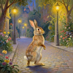 a beautiful painting of a rabbit walking on his back legs on a street paved with cobblestones and warm streetlights in a magical art nouveau city with many flowers and trees, highly detailed, smooth, sharp focus, intricate, fantasy, trending on artstation, elegant, by Thomas Kinkade