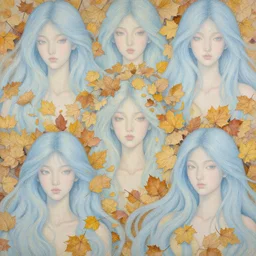 breathtaking detailed concept art painting pattern with pastel colors of blue hair faces goddesses amalgamation autumn leaves, by hsiao - ron cheng and james jean, bizarre compositions, exquisite detail, 8 k