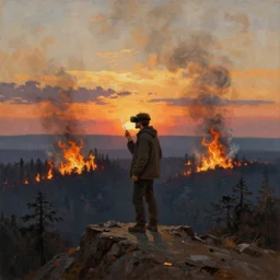 sunset, the lonesome wanderer standing on top of the mountains, wearing vr-headset, smoking a cigarette, and the forest in the background is burning with gigantic flames and smoke, smoke clouds in the sky, romantic impressionism, oil on canvas, by Caspar David Friedrich