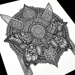 a dark ancient complex arabic ornaments with mandala and moth wings texture, full of details and delicate, high - quality fabric texture white paper + tarot card realistic detailed sci - fi illustration designed by marc simonetti mike mignola alfons maria mucha, peter mohrbacher, 8 k resolution + white ink, psychedelic black light style