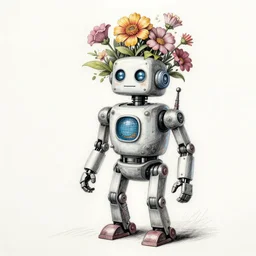 Louis Icart, an old elaborate colored drawing of a robot with flowers coming out its head, highly detailed, masterpiece