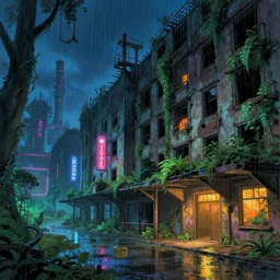 a beautiful very detailed illustration of industrial architecture city unfinished building building nature abandoned architecture hotel corridor by thomas kinkade, neon signs nightsky landscape at night rainy bioshock extraterrestial thermal imaging studio ghibli rainforest water futuristic, archdaily, wallpaper, highly detailed, trending on artstation.