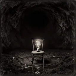 chair under an edison bulb in empty black space, daguerrotype, sepia, high contrast, sunken in black water, dark infinite cave, void, black hole