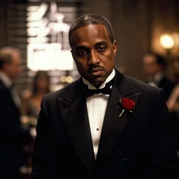kanye west in the godfather as vito corleone movie still, cinematic lighting, ray tracing, octane render, long lens, shallow depth of field, bokeh, anamorphic lens flare, 8 k, hyper detailed, 3 5 mm film grain