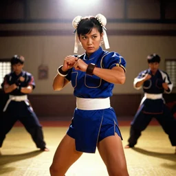 Chun-Li from the 1992 live action Street Fighter movie, training in a dojo. center frame medium shot, shot on technicolor cinemascope 35mm anamorphic lense, flare, still from a movie