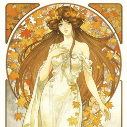 Ethereal elven goddess of autumn leaves and first snow. Manga artbook illustration by CLAMP and Alphonse Mucha.