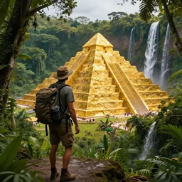“ adventurer stumbling upon the wonderful city of el dorado in the jungle, pyramid of gold, waterfall, cinematic, award winning ”