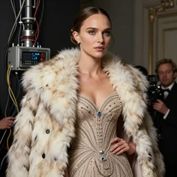 Natalie Portman, wearing an evening gown, alexander mcqueen couture, very detailed portrait, ultrarealistic, dramatic lighting, electrical details, high details, 4k, 8k, best, accurate, trending on artstation, fur, artstation, photorealism, ultrarealistic, digital painting, style of Dali, Caravaggio, Boris Vallejo