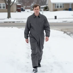Morton Feldman wearing a powersuit while walking through the suburbs in the winter