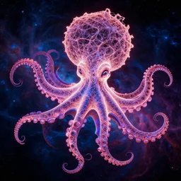 highly detailed generative art, irregular fractal of neon octopus, string art by janusz jurek, background outer space nebulas by Pilar Gogar 4k HDR