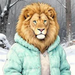 aesthetic portrait commission of a albino male furry anthro lion wearing a cute mint colored cozy soft pastel winter outfit, winter Atmosphere. Character design by Greg Rutkowski and Thomas Kinkade trending on artstation, detailed, inked, western comic book art, award winning painting