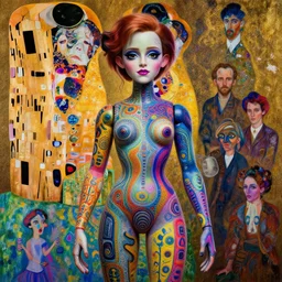 emma watson! is an evil ventriloquist dummy, psychedelic, patterned skin, trending on artstation, photorealism, vibrant colors, digital art, in the style of harumi hironaka, gustav klimt, egon schiele, coby whitmore, david bates, monet, lisa frank, picasso, octane render.