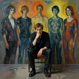 portrait of an actor sitting in a chair contemplating, art by james jean and luc tuymans and vincent lefevre and hernan bas and pat steir and hilma af klint, psychological, dripping paint, high quality render, cg society contest winner, altermodern, masterpiece