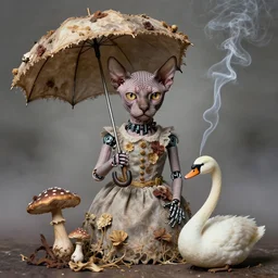 photographic portrait of sad max ernst wrinkly hairless cat robotic dried melting floral fungus with spiraling cigarette smoke, wearing a dress, holding an umbrella and a swan, in fog, editorial