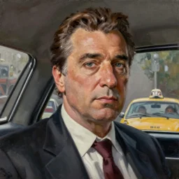 realistic portrait of travis bickle ( robert deniro ), trending on artstation, low angle oil painting and composition laws, cinematic lighting, hyperdetailed, cgsociety, 8 k, martin scorsese cinematography, taxi driver