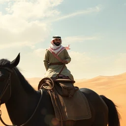 a desert storyboard concept art with an arab character wearing a white and red arab keffiyeh riding a black horse wide shot, cinematic