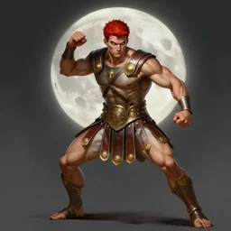 elegant full body portrait of a athletic muscular angry roman soldier in fighting stance, roman soldier skirt, piercing bright red eyes, fantasy, intricate, short red hair, highly detailed, digital painting, artstation, concept art, smooth, sharp focus, illustration, matte, dramatic, full moon, art by artgerm, in the style of greg rutkowski and alphonse mucha, mark brookes, jim burns, tom bagshaw, artstation