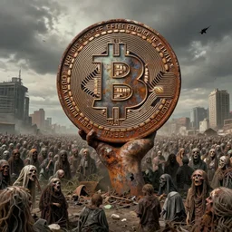 giant rusted bitcoin being held by hundreds of the wretched of the earth, decadence decay and despair, dystopian art