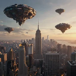 the seven hour war of the combine invasion as seen in new york city, artist rendition, high detail, dystopian landscape with shu'ulanthoi advisor pods and combine ships floating above, dramatic lighting, evening setting