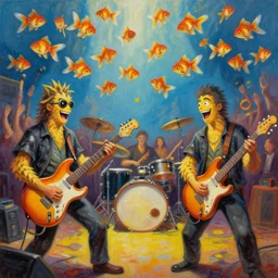 a detailed oil painting of a concert by going bananas with guitars while the gold fishes are stoned and smiling in the sky in the style of artist James Jean