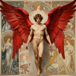 hyperdetailed picture of a man with red angelic wings, digital painting, sharp focus ilustration, artstation hq. intricate, elegant. wlop, greg rutkowski, alphonse mucha, dan mumford, rossdraws, marc simonetti. incredible background by repin. full height. louise zhang. decollage. assemblange. cgsociety. impressionism