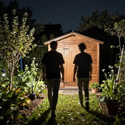 A photo of two men in a garden at night walking towards a small wooden garden shed