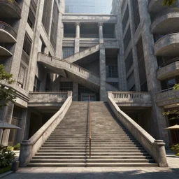 a very large building with a bunch of stairs, a detailed matte painting by senior environment artist, cg society contest winner, photorealism, rendered in unreal engine, cryengine, vray tracing