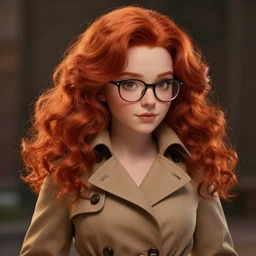 highly detailed, digital art, pixiv fanbox, trending on artstation, ray tracing, volumetric lighting, sharp focus, hq, fallout 4 sytle character, cute sexy chubby redhead girl with soft curl long hair and glasses, wearing a trench coat, by artgerm, wlop, greg rutkowski, miyazaki hayao