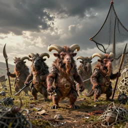 a band of little horned creatures with weapons and nets and traps looking menacingly