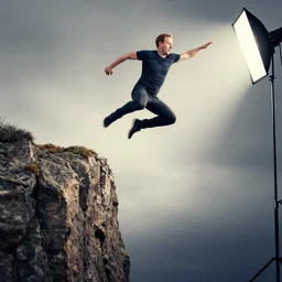 photo still of mark zuckerburg jumping off cliffside, from the new sci - fi movie, 8 k, studio lighting bright ambient lighting key light, 8 5 mm f 1. 8