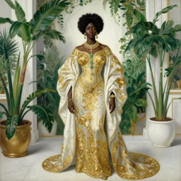 high quality high detail painting by ilya repin, black woman in a white room with many plants, intricate costume design, orientalist, partially gold, ornate, elite, luxury, hd