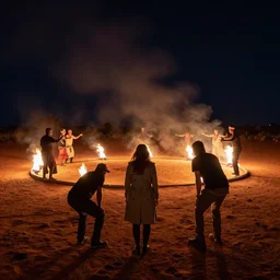 atmospheric long exposure night photograph of three ravers, two men, one woman, woman is in a trenchcoat, blessing the soil at night, people facing fire circle, two aboriginal elders, dancefloor kismet, diverse costumes, clean composition, desert transition area, bonfire, atmospheric night, australian desert, symmetry, sony a 7 r
