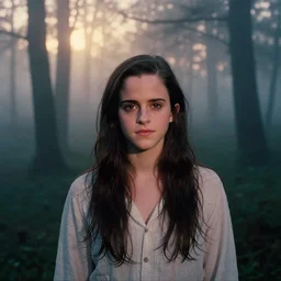 portrait, emma watson, tarkovsky film grain, kodachrome, dense forest, long black hair, cloth, heavy fog, hudson river school, 4 k, dramatic lighting, sunrise, hayao miyazaki, masashi ando, nizou yamamoto, kazuo oga, joe hisaishi, yoji takeshige, naoya tanaka