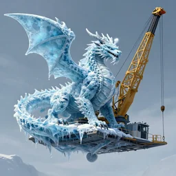 an elder dragon encased in ice being transported by a large crane, concept art, digital painting, trending on artstation, deviantart, highly detailed, perfect composition, dramatic lighting, sharp focus, 8 k uhd