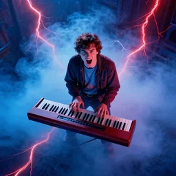 dwight schrute playing the keyboard aggressively and yelling, dramatic scene, volumetric blue fog, red lightning, ultra wide angle, movie still, photorealistic, stranger things, netflix, upside - down, colorful lighting, grainy, aerial shot, shot from above, movie still