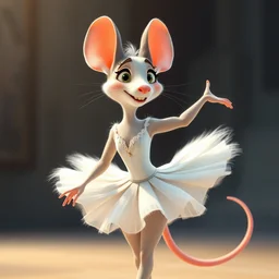a anthropomorphic mouse female ballerina with white fur in a white dress, in the style of zootopia