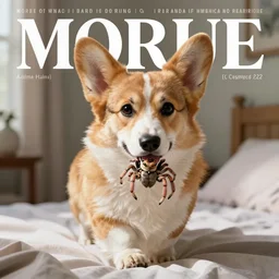 corgi jumping spider in the bedroom, magazine cover, face photo
