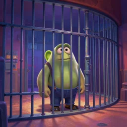 jail with cell bars, curved perspective, best on artstation, colorful sylvain sarrailh concept art, by peter chan, pixar movie