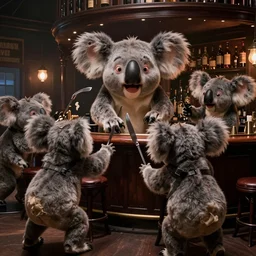 movie frame still from live action horde of koala vampires attacking the bar 8 k ultra wide angle zenith view greg rutkowski kim dreamworks ilm oscar winning photography grain dramatic lighting