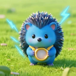 ( ( ( ( a cute blue hedgehog with big gold ring and blue lightning in green grassland. ) ) ) ), gold ring!, blue fur, clear sky, extremely detailed, fantasy painting, by jean - baptiste monge!!!!