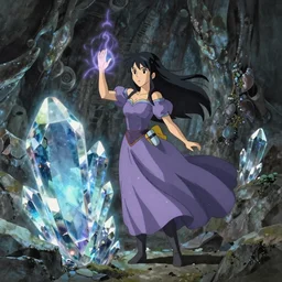 Full body portrait of a woman in a mage dress, casting a spell on a giant crystal in a cave, detailed, artstation, by Kyoto Animation and Studio Ghibli, by Makoto Shinkai and Ilya Kuvshinov