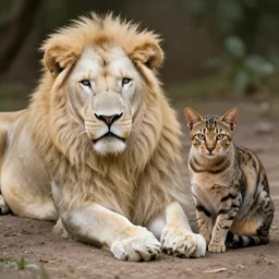 albino lion laying next to a savannah cat