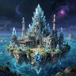 a beautiful ultradetailed rendering of nature architecture industrial architecture abandoned palace city urbex unfinished building building by pierre de meuron, vaporwave nightsky studio ghibli sea made of glass evil crystal cosmic landscape nature galactic anime sci - fi nightvision architecture island, archdaily, wallpaper, highly detailed, trending on artstation.